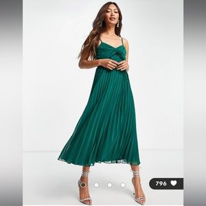 ASOS twist front pleated cami midi dress with belt in forest green Size US 8